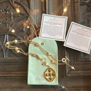 Gracewear Shield of Faith gold lariat necklace with freshwater pearls. 18k gold